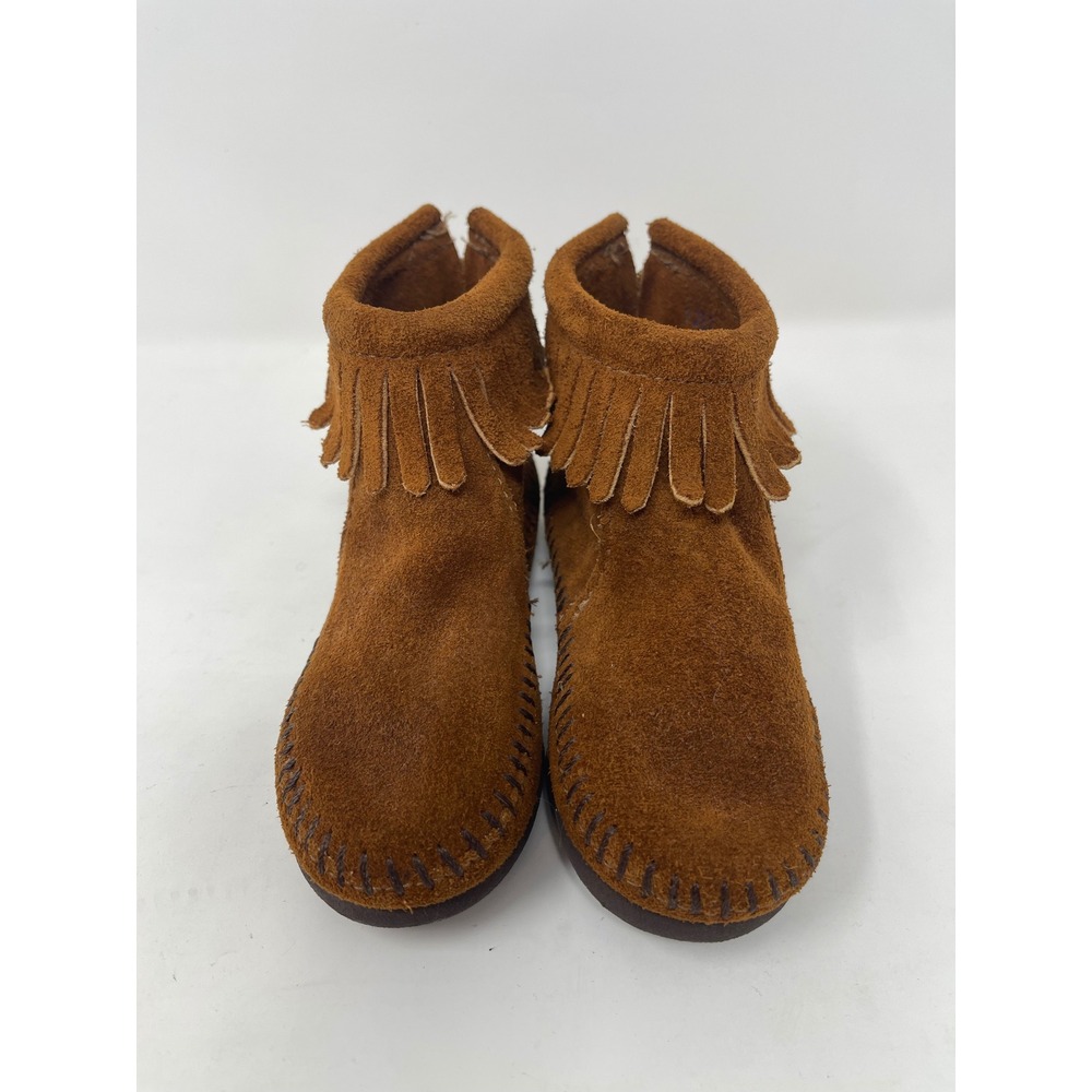 Minnetonka Fringe Booties Kids Size 8 Brown Suede Good Back Zip Moccasins